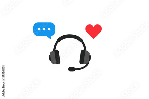 Headset with speech bubble and heart icons, digital communication