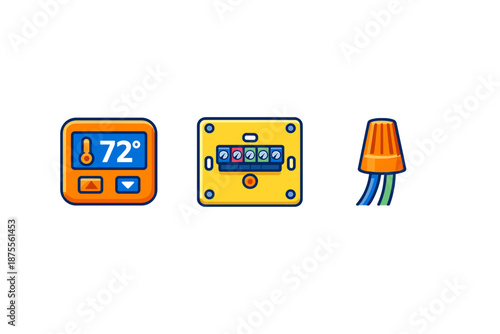 Thermostat, electrical junction box, and wire nut icons