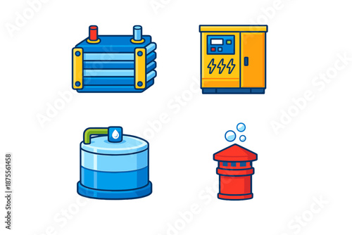 Industrial icons: generator, battery, tank, chimney