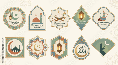 Ramadan Kareem vector icons with mosque, crescent moon, lantern, Quran, prayer mat, dates, tea, drum, iftar table, Islamic calligraphy, cultural traditions decorative design