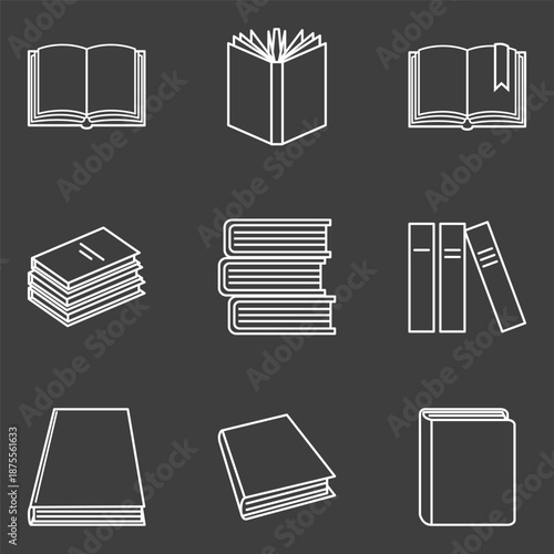 Vector Set of White Outline Book Icons.