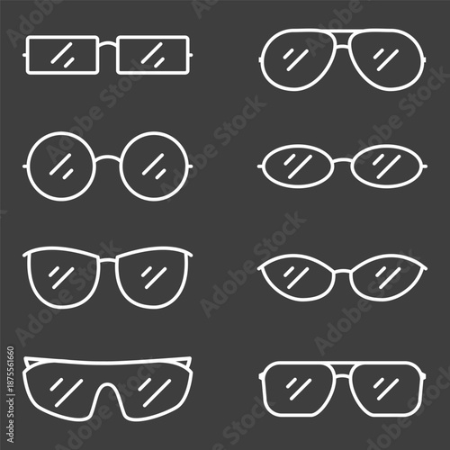 Vector Set of White Outline Eyeglasses Icons.