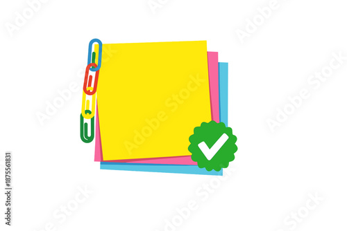 Graphic design with sticky notes, chain links and check mark