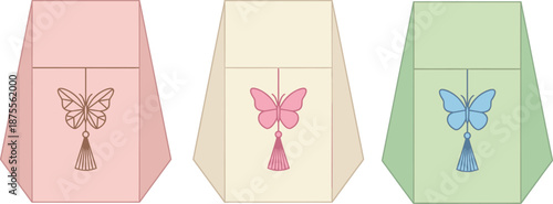 Elegant pastel gift bags with butterfly tassel decorations, ideal for weddings, parties, celebrations, packaging, crafts and boutique branding in soft modern minimal style.