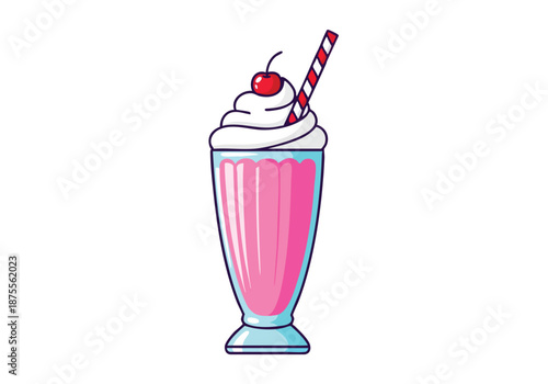 Illustration of a pink milkshake in a tall glass with whipped cream, cherry and straw on a white background.