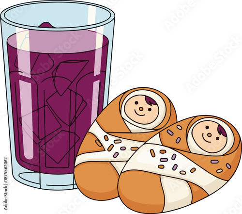 Traditional Ecuadorian Day of the Dead snack with Colada Morada purple berry drink and Guaguas de Pan bread dolls, vector illustration