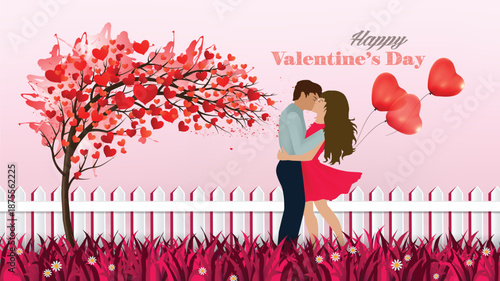Happy Valentine's Day Romantic Background with Couple Kissing near Artistic Heart Tree and White Picket Fence