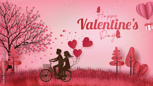 Happy Valentine's Day Paper Cut Landscape with Couple Riding Bicycle, Heart Tree, and Floating Gift Box