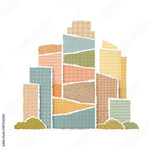 City skyline with paper collage buildings