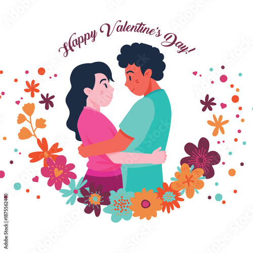 Happy Valentine's Day Flat Illustration of Cute Young Couple Hugging Inside Colorful Floral Wreath