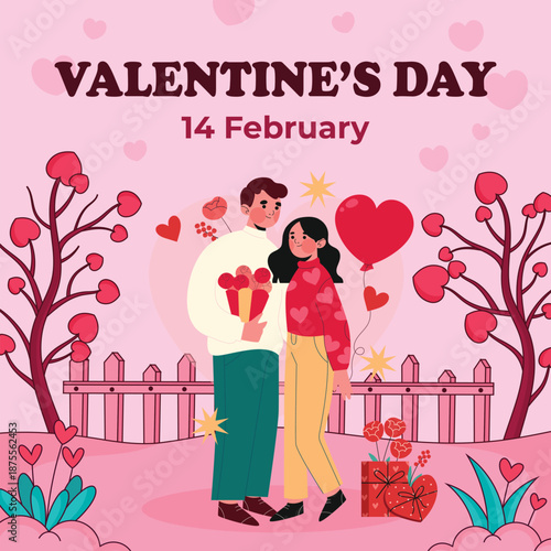 Happy Valentine's Day Flat Illustration of a Young Couple Standing in a Garden with Heart Trees and Gifts