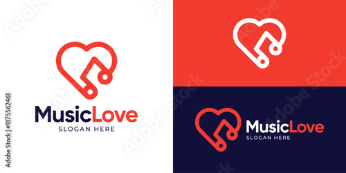 Creative simple music love logo template. Love shape with musical note logo design vector illustration.