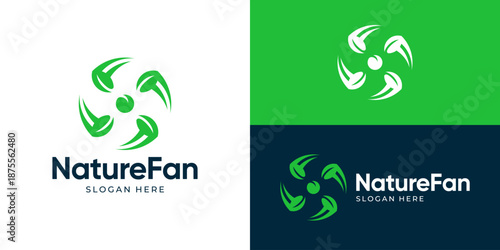 Creative simple nature fan logo template. Leaf fan turbine logo design vector illustration.
