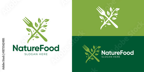 Creative simple nature food logo template. Fork with plant tree leaf logo design vector illustration.