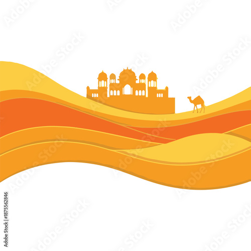 Abstract vector illustration of a vibrant desert landscape with layered sand dunes, a majestic palace silhouette, and a lone camel. Ideal for travel and cultural themes