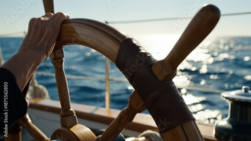 Hands steering ship wheel on ocean