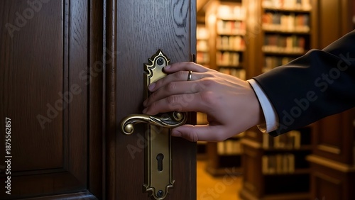Hand Opening a Wooden Door to a Library Filled with Books.