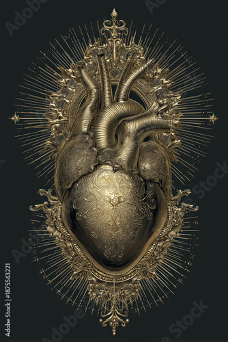 heart illustration in gold on catholic ornament background, shiny metal, old pattern, anatomical, organic, love, passion, romance, romantic, luxury, portrait format, illustrated