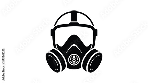 Black gas mask with filter and protective helmet