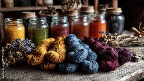 Plant-dyed wool fibers with natural dyes in purple, red, yellow, and blue tones beside dye jars