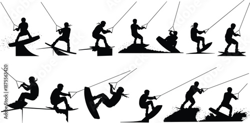 Collection of black silhouettes of wakeboarders performing tricks, jumps, and stances with tow ropes for water sports design illustration use