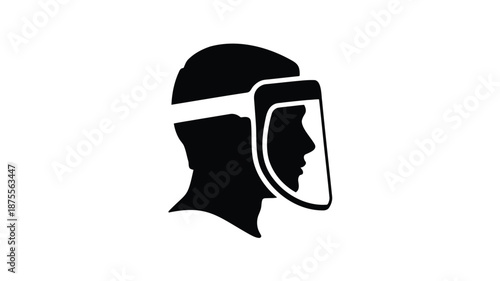 Silhouette of a person wearing protective face shield and helmet
