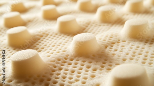 Close up abstract view of a textured beige insulating material with a raised bumpy pattern and a perforated grid surface