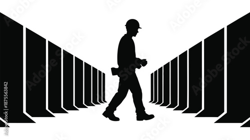 Construction worker walking through modern architectural structure