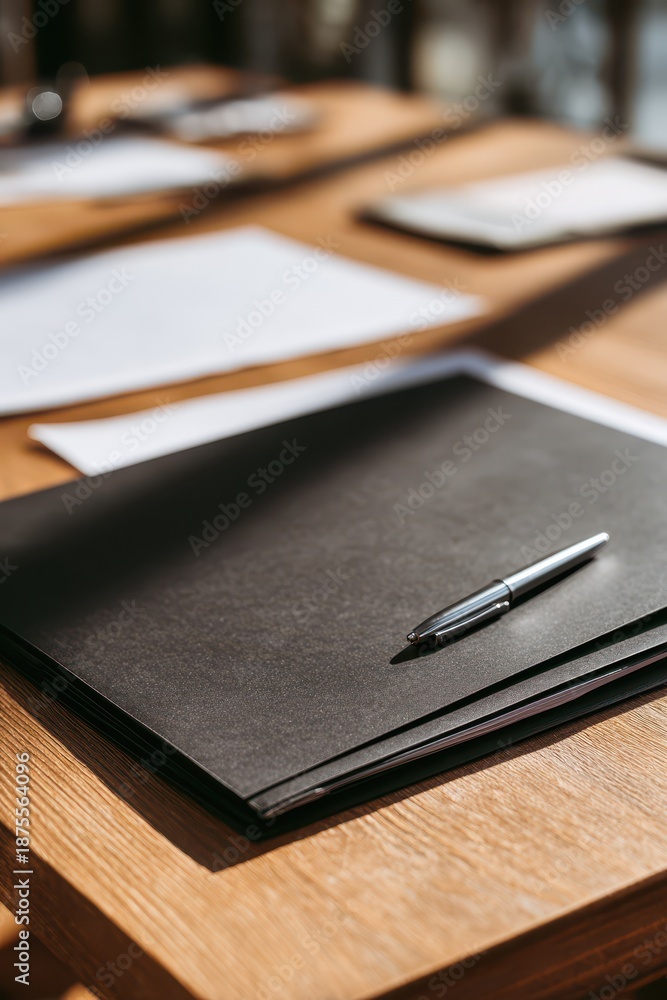 Fototapeta premium Professional desk scene featuring a black folder, documents, and a calm, neutral palette