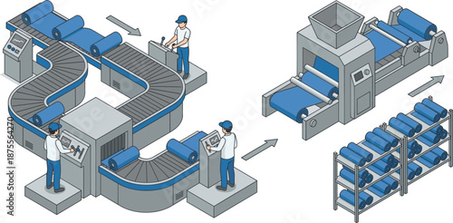 Isometric factory production line illustration, showing industrial conveyor belts, manufacturing machines, and workers operating automated textile processing systems