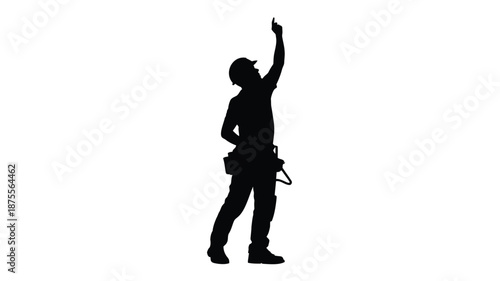 Silhouette of construction worker pointing upwards in hard hat