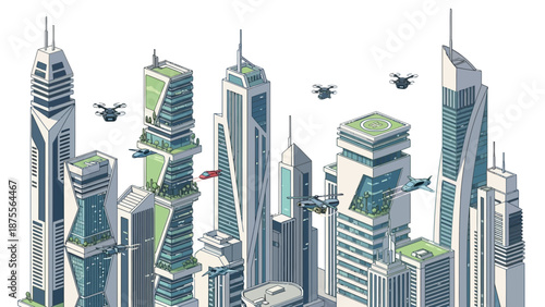 Futuristic cityscape with sleek skyscrapers and flying drones.