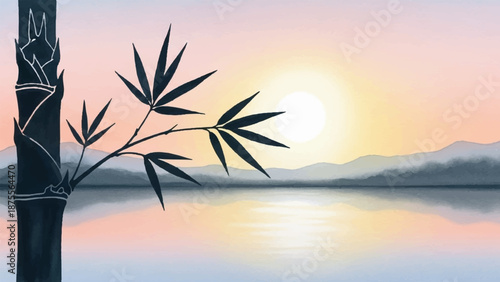 Tranquil Watercolor Sunset Over a Serene Lake with Bamboo Silhouette