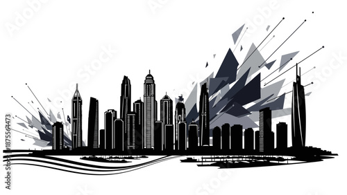 Modern city skyline with abstract geometric shapes and dynamic lines.