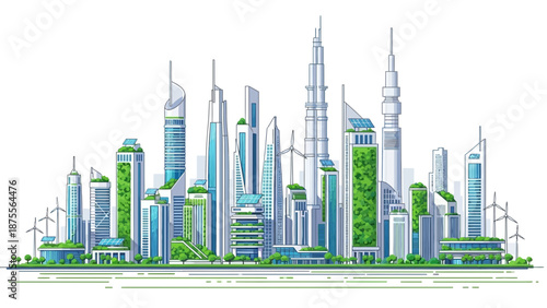 Futuristic cityscape with modern skyscrapers and wind turbines.