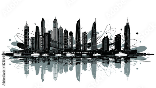 Modern city skyline with sleek skyscrapers and reflective water surface.