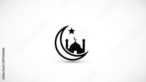 Islamic crescent moon with mosque silhouette and star a symbol for Ramadan and Eid celebrations isolated on white backgroun