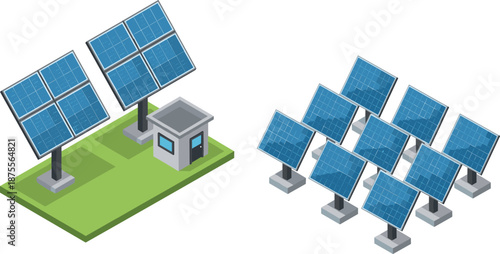 Isometric solar panel power plant illustration with photovoltaic arrays and control building for renewable energy and sustainable electricity concepts