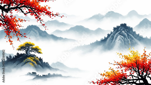 Serene watercolor landscape painting of misty mountains with vibrant autumn foliage and a lone yellow tree, evoking peace and natural beauty