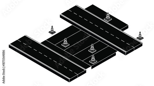 Isometric view of road construction with traffic cones on black roads