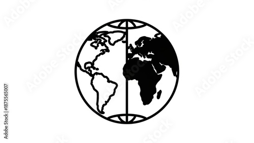 Stylized globe icon with continents divided into light and dark halves representing day and night isolated on white