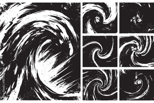 Abstract Black and White Grunge Swirl Brush Stroke Set