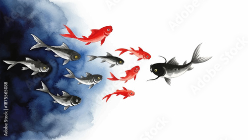 Abstract watercolor illustration of a school of fish swimming from dark to light, symbolizing change and new beginnings