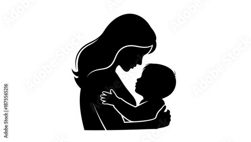 Mother and baby silhouette tender embrace symbol of love and family isolated on white background