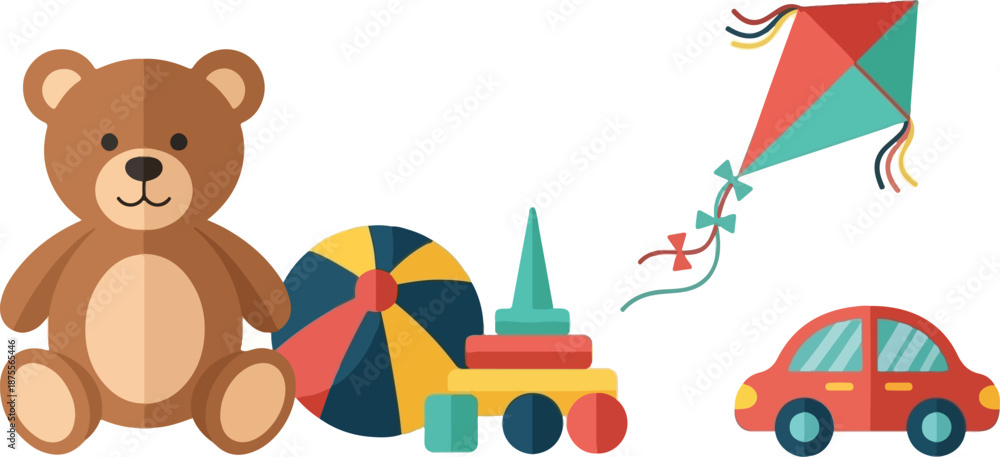Fototapeta premium Children's Toys Set Vector Illustration with Teddy Bear, Ball, Stacking Toy, Kite, and Car