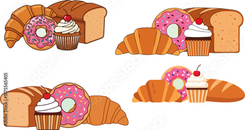Set of 4 Bakery Pastry and Bread Illustrations