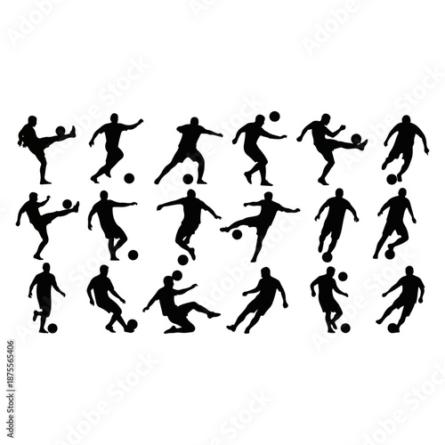 Dynamic silhouettes of soccer players in various action poses.