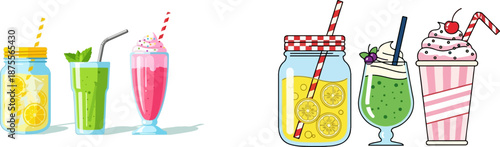 Set of 6 Colorful Summer Drinks and Milkshakes Vector Illustrations