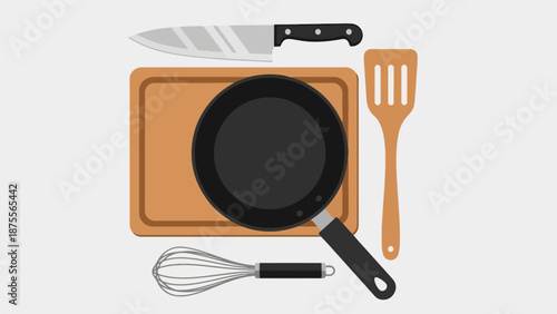 Cooking Utensils Set with Frying Pan, Cutting Board, Knife, Spatula, and Whisk