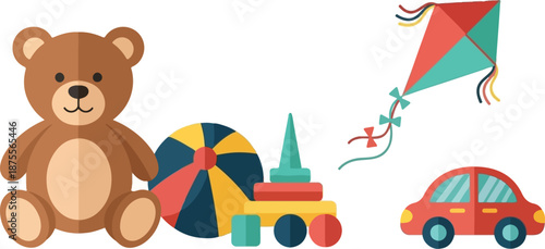 Children's Toys Set Vector Illustration with Teddy Bear, Ball, Stacking Toy, Kite, and Car